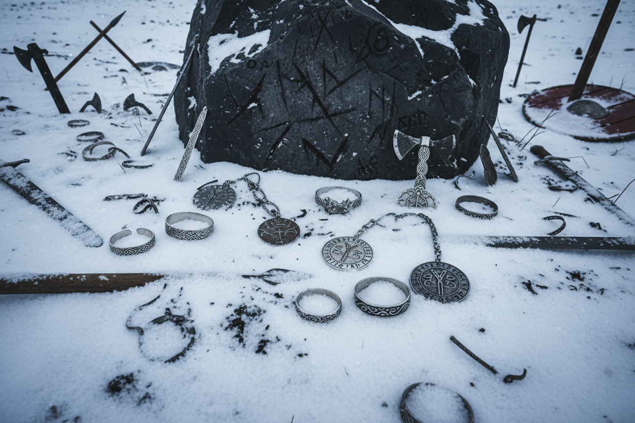 BIJOUX VIKING EPARPILLÉ DANS LA NEIGE PRES D'UNE ROCHE SOMBRE AVEC TRACE DE BATAILLES PAR TERRE 