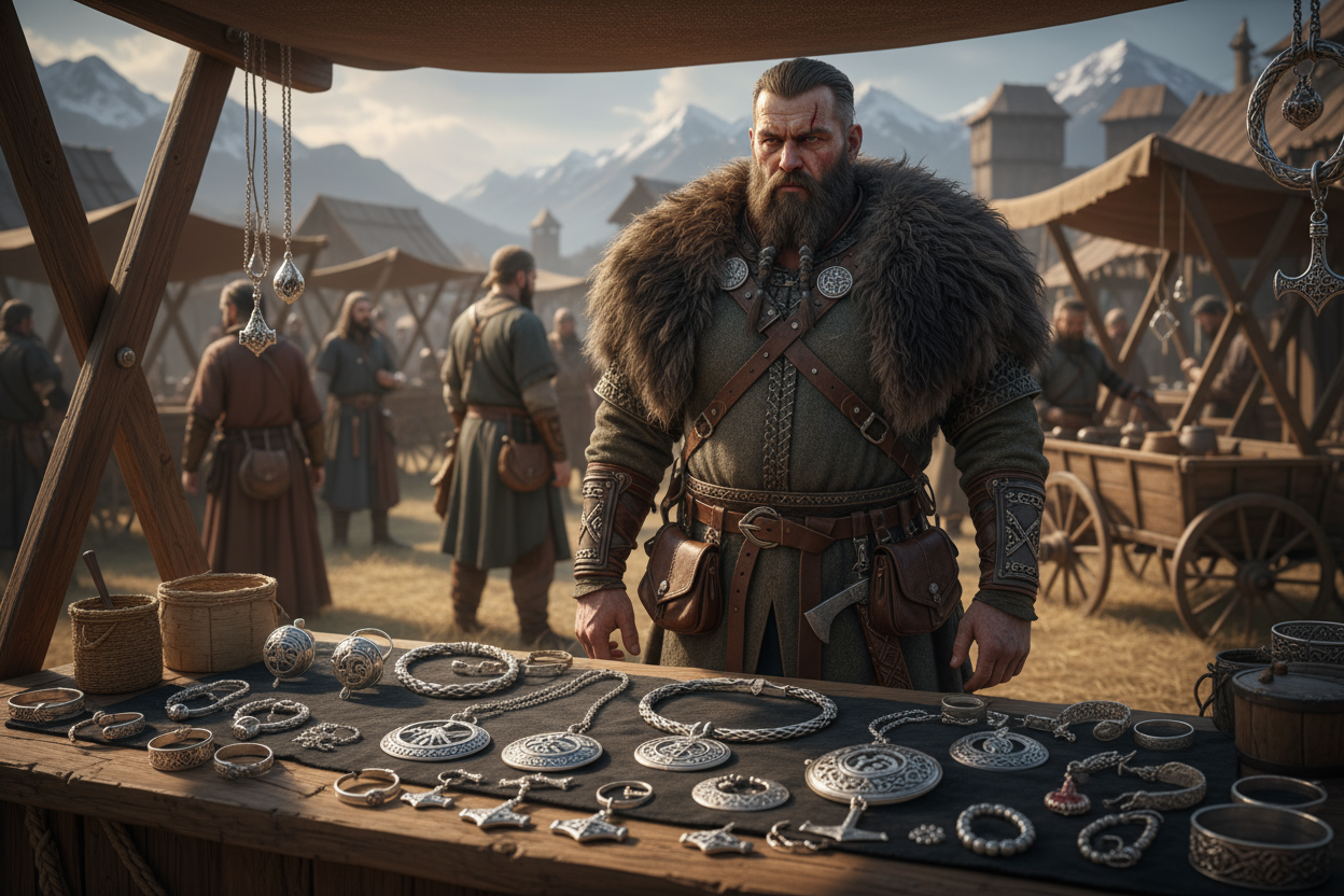 MARCHAND VIKING VENDANT DES BIJOUX EN ARGENT 